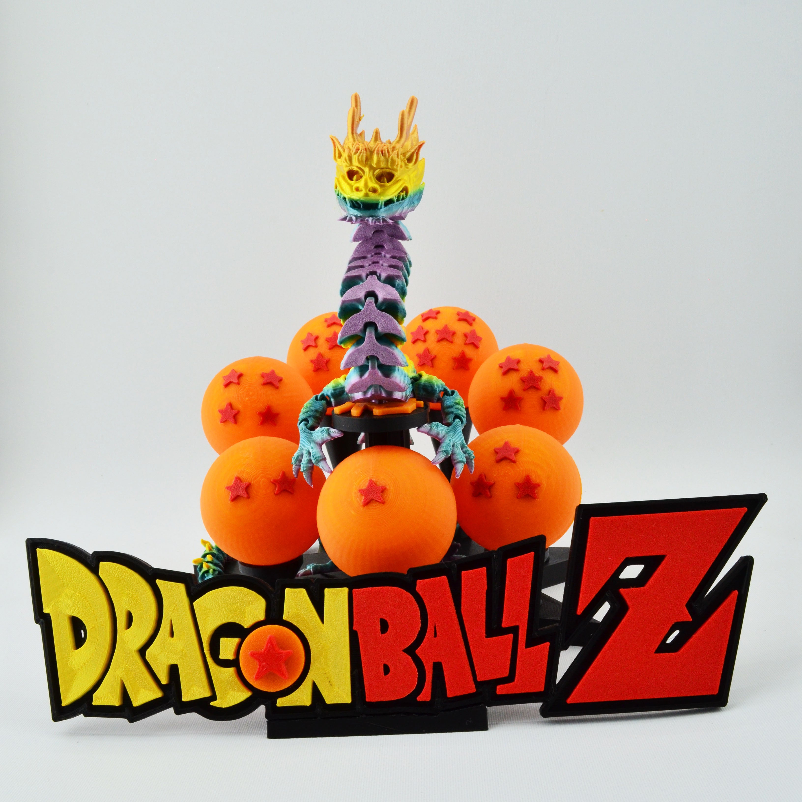 Custom Dragon Ball Z Stand with 7 Dragon Spheres, Self-Standing Dragon, and Logo Sign